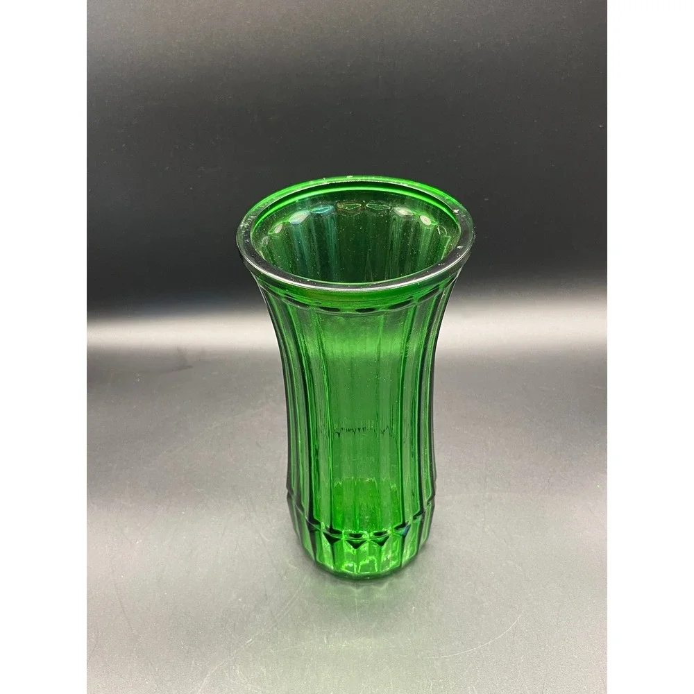 VTG‎ Green Hoosier Ribbed Glass Flower Floral Arrangement Vase 8.5